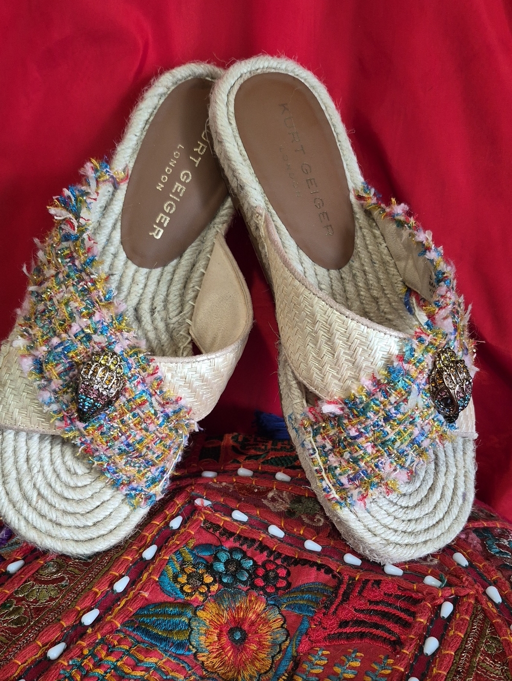 Kurt Geiger Natural Woven Slide Mules with Multicolor Tweed Detail